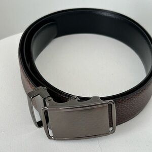 State a express Two-Tone Leather Belt with Brushed Gunstock Metallic Buckle
